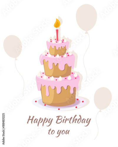 A greeting card. A festive cake with candles and balloons.