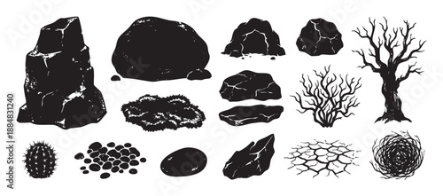 Collection of black silhouette desert elements featuring rocks, a dead tree, cactus, and tumbleweed in a hand-drawn, graphic ink illustration style for nature-themed design