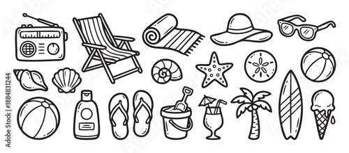 Set of hand-drawn beach vacation icons in a black and white doodle style, featuring a deck chair, surfboard, sunglasses, ice cream, and other summer holiday elements