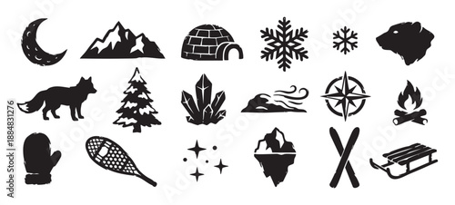 Collection of black winter adventure icons in a rustic hand-drawn stamp style, featuring a fox, bear, mountain, snowflake, igloo, campfire, compass, and other nature elements