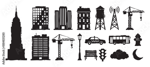 Set of black city-themed silhouette icons with a rough, hand-drawn texture, depicting architecture like skyscrapers and cranes, and transportation like a taxi and bus