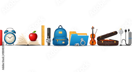 Back to school a colorful collection of school and musical objects including an alarm clock apple book pencil backpack lunchbox violin cello and more