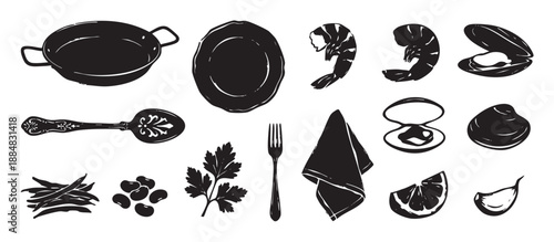 Set of black hand-drawn food icons in a rustic linocut style, featuring seafood ingredients for paella, including shrimp, clams, lemon, garlic, and a traditional pan