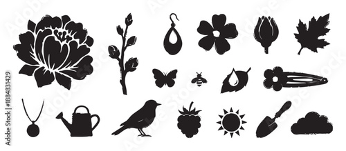 Hand-drawn collection of black nature icons with a rough stamp texture, showing a peony, bird, butterfly, bee, sun, and various gardening and feminine accessory symbols