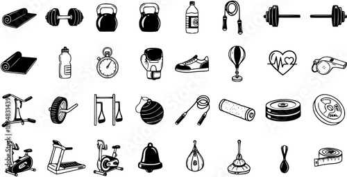 Fitness and Gym Equipment Icons Set in Hand-Drawn Black and White Line Art. Workout Gear, Sports Accessories, and Exercise Tools Collection.