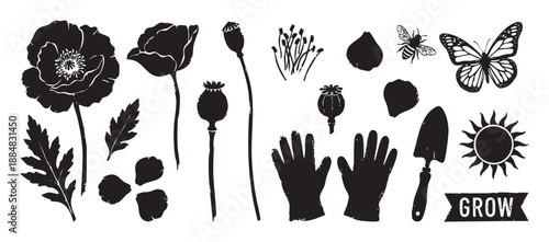 Black and white graphic illustration set of gardening elements including poppy flowers, seed pods, gloves, a trowel, butterfly, bee, and sun in a rustic linocut style