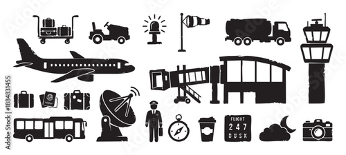 Collection of black airport and travel icons featuring an airplane, control tower, luggage, and pilot in a rustic hand-drawn stamp style for aviation and tourism concepts