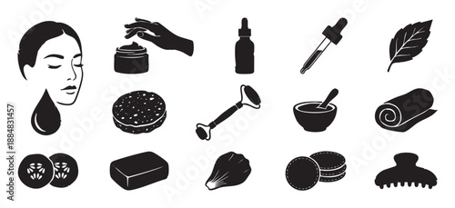 Collection of black skincare and beauty routine icons featuring a woman's face, serum, jade roller, cream, sponge, and other cosmetic tools for a complete self-care regimen