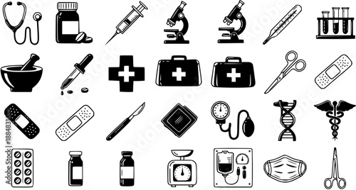 Comprehensive Black  White Line Art Medical Healthcare Icons Set - Glyph Style Collection of Medical Tools, Instruments, and Symbols