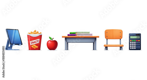Back to school a colorful illustration of various school and office supplies on a including a computer monitor, popcorn bucket, apple, desk with books, chair, and calculator