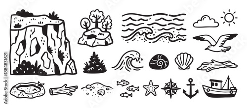 Set of hand-drawn sea and beach doodle icons featuring a cliff, waves, boat, anchor, shells, and fish in a simple black and white line art style for various design projects