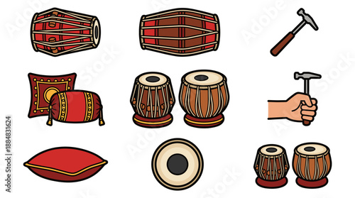 Indian Percussion Instruments Vector Set. Tabla, Pakhawaj and Dholak Drums with Tuning Hammer and Cushions. Traditional Musical Equipment Icons for Culture Design.