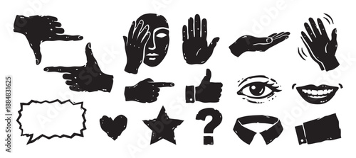 Set of black hand-drawn icons and symbols including various hand gestures, a face, eye, mouth, heart, star, and speech bubble in a rough, woodcut print style
