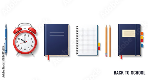 Back to school back to school supplies including alarm clock, notebooks, and pencils
