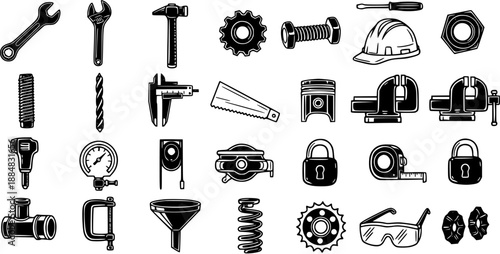 Black and White Line Art Icons of Construction and Industrial Tools, Equipment, and Safety Gear