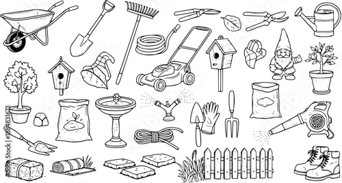 Detailed Black and White Line Art Collection of Gardening Tools, Equipment, Plants, and Accessories, perfect for Horticulture, Outdoor Living, and Home Garden Projects