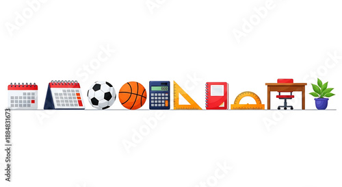 Back to school a colorful collection of various objects including calendar soccer ball basketball calculator triangle ruler book desk chair and potted plant