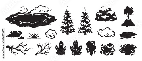 Collection of black grunge nature silhouettes including an erupting volcano, snowy fir trees, mineral crystals, and a hot spring, illustrated in a rough hand-carved stamp style