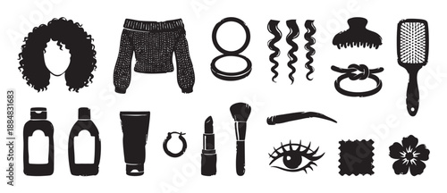 Collection of black grunge-style icons representing women's fashion, beauty, and hair care, including a sweater, lipstick, makeup, hairbrush, and various cosmetic accessories