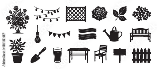 Set of black garden and patio silhouettes including a rose bush, string lights, bench, watering can, and furniture in a rustic, hand-drawn style for outdoor party themes