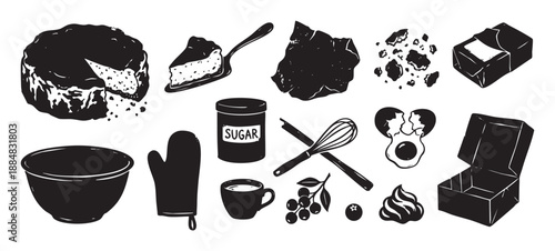 Hand-drawn baking and dessert ingredient icons featuring a cake, sugar, eggs, and kitchen tools in a rustic, monochrome linocut or woodcut graphic style for culinary design