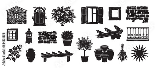 Collection of rustic Mediterranean village icons in a black hand-drawn woodcut style, featuring a stone house, plants, windows, doors, and other architectural elements