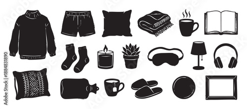 Cozy home comfort illustration set featuring a sweater, pillow, book, and candle in a hand-drawn black silhouette style for a relaxing and comfortable lifestyle concept