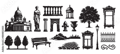 Collection of black silhouette architectural and park elements including a cathedral, statue, column, arch, bench, and tree in a graphic, hand-drawn vector illustration style
