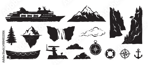 Collection of black grunge travel icons featuring a cruise ship, mountain, anchor, compass, and other nautical and nature elements for adventure and exploration themes