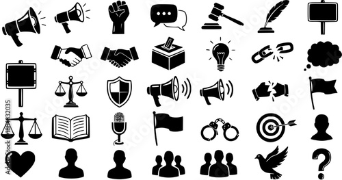 Black  White Glyph Icons Set of Social Justice, Human Rights, Communication, and Democracy Concepts