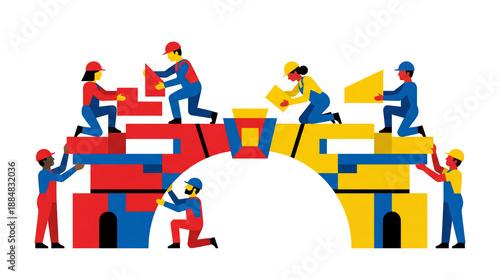 Team of diverse construction workers building a bridge together vector illustration concept for teamwork and collaboration