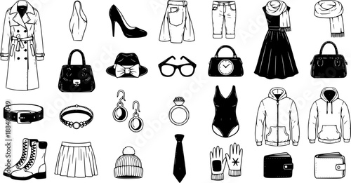 Black and White Line Art Icons of Women's Fashion Accessories and Clothing