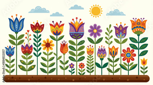 Colorful Scandinavian Folk Art Flowers in a Garden Row with Sun and Clouds Vector Illustration