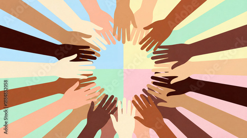 Diverse Hands Circle Illustration Symbolizing Unity, Inclusion, Teamwork and Multicultural Community