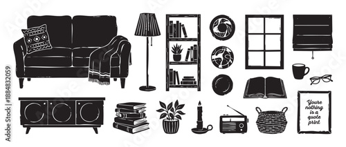 Collection of hand-drawn linocut furniture illustrations including a sofa, bookshelf, lamp, and various cozy home decor elements in a rustic, monochrome block print style