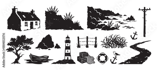 Collection of black nautical themed silhouettes featuring a lighthouse, cottage, boat, anchor, and coastline elements in a rustic, hand-drawn linocut vector art style
