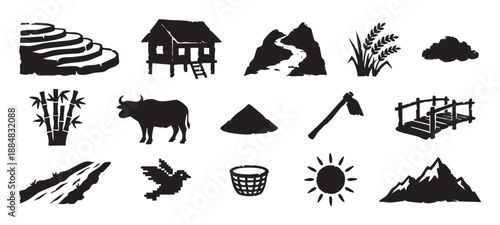 Collection of black silhouette icons representing rural Asian agriculture and nature, featuring rice terraces, a stilt house, water buffalo, mountains, and farming tools