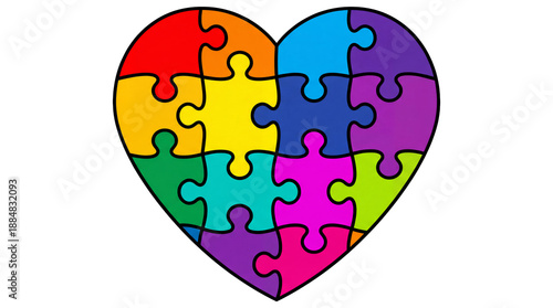 Rainbow Colored Jigsaw Puzzle Heart Vector Illustration Symbolizing Autism Awareness, Diversity and Unity