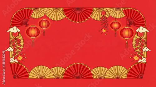 Chinese New Year festive frame with red and gold fans, lanterns, and firecrackers. Traditional lunar holiday border vector