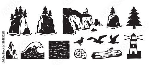 Set of black coastal nature icons featuring a lighthouse, cliffs, pine trees, ocean waves, and seagulls in a rustic, hand-drawn linocut style illustration collection