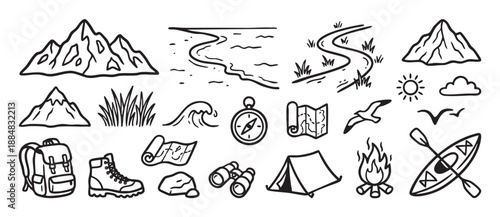 Hand-drawn collection of black line art icons representing outdoor adventure, camping, and hiking with a tent, mountains, backpack, and kayak in a simple doodle style