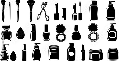 Beauty Cosmetics Makeup Products Vector Glyph Icons Set. Black and White Silhouette Line Art Collection of Cosmetic Items, Tools, Accessories, and Bottles.