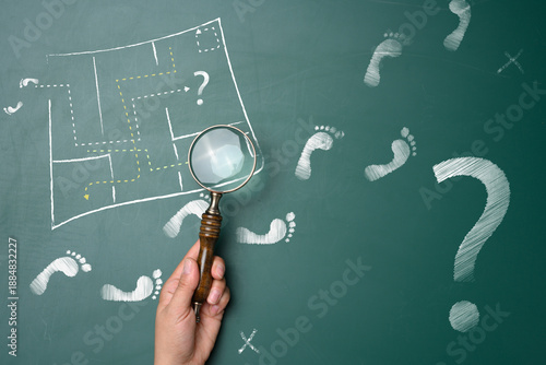 Finding a way out of a difficult situation, a hand with a magnifying glass examines a chalk-drawn maze and footprints