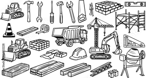 Hand-Drawn Black and White Line Art Construction Icons. Vector Outline Set of Building Tools, Heavy Equipment, Machinery, and Materials.