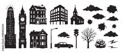 Set of black grunge city elements featuring buildings, a car, a tree, and clouds in a hand-drawn linocut style illustration with a distressed, stamped texture