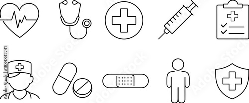 Set of black line icons representing healthcare and medical services including doctor, stethoscope, hospital bed, mental health, IV drip, heart in hands, medical checklist, and patient care. Minimalis