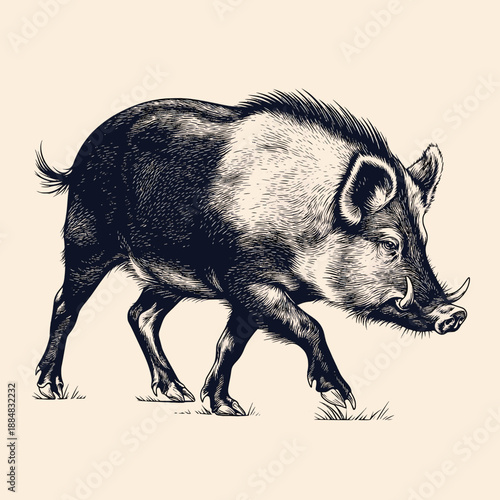 vintage engraved boar standing in profile, detailed wild pig illustration with bristles and tusks, classic natural history animal art isolated on beige background.