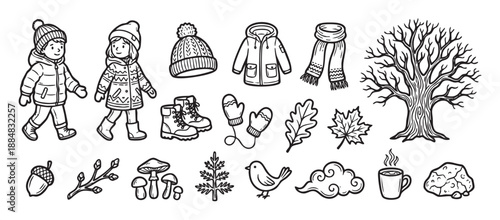 Hand-drawn autumn and winter doodle icon set featuring children in warm clothes, a bare tree, cozy apparel, and seasonal nature elements in a charming black and white line art style