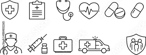 Set of black line icons representing healthcare and medical services including doctor, stethoscope, hospital bed, mental health, IV drip, heart in hands, medical checklist, and patient care. Minimalis