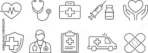 Set of black line icons representing healthcare and medical services including doctor, stethoscope, hospital bed, mental health, IV drip, heart in hands, medical checklist, and patient care. Minimalis